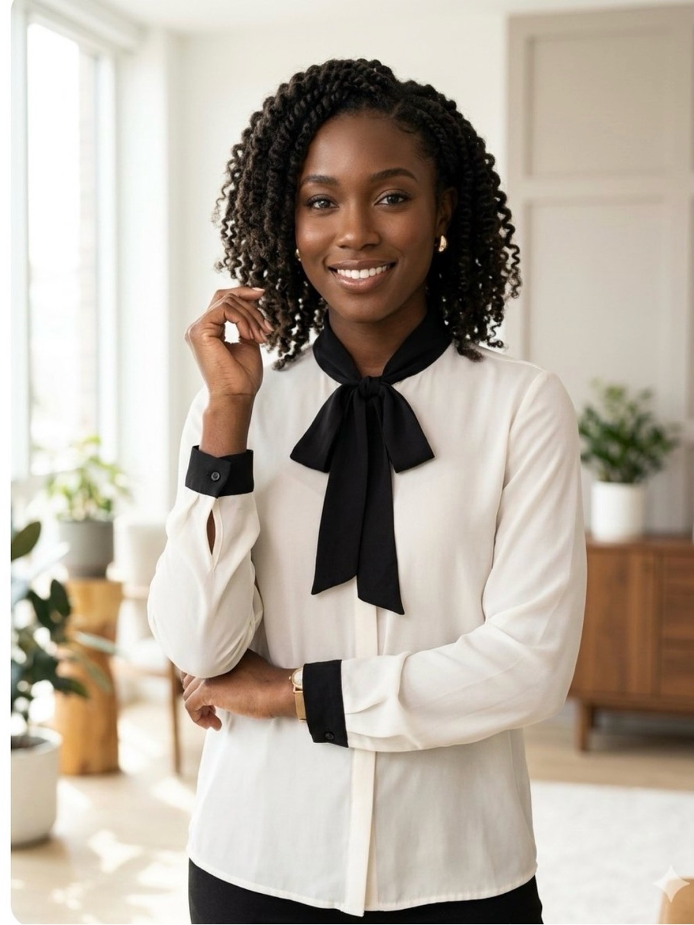 Cream Blouse with Black Neck Tie & Cuffs